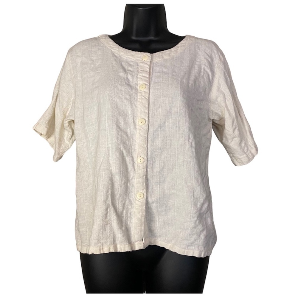 BANYAN TREE 100% Cotton Button Down Ivory Cream Short Sleeve Blouse Shirt